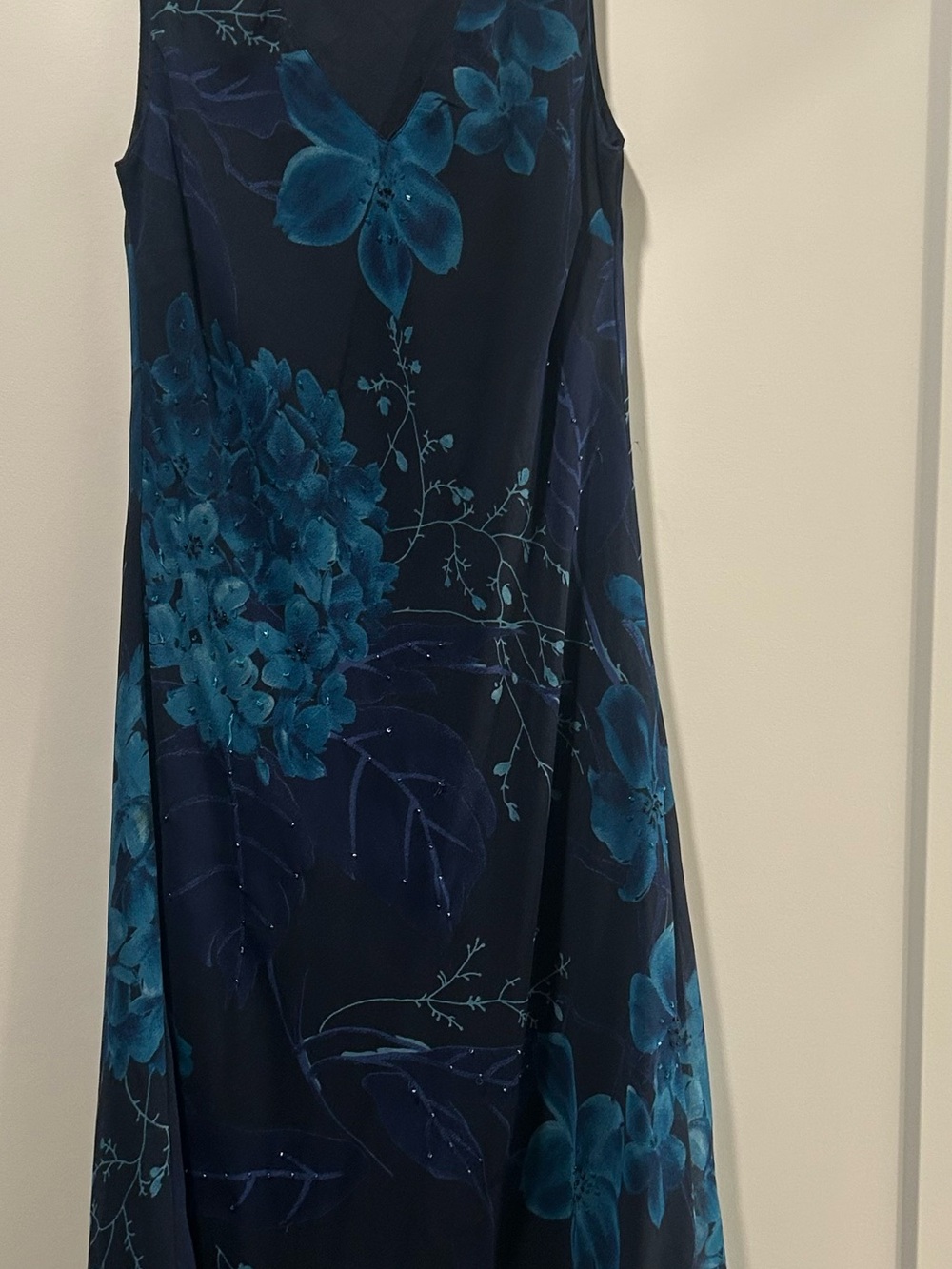 Y2K Sleeveless Beaded Navy Blue Maxi Dress with Teal Floral Print